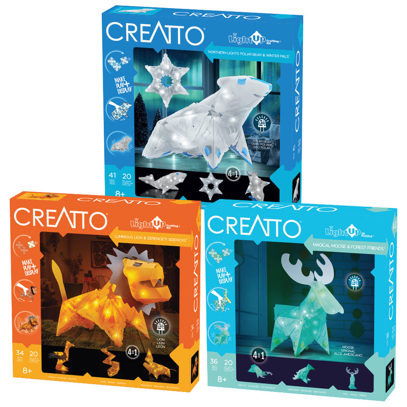 Creatto: 3-Pack Bundle: Magical Moose,Northern Lights Polar Bear & Luminous Lion Light-Up 3D Puzzles Thames & Kosmos   
