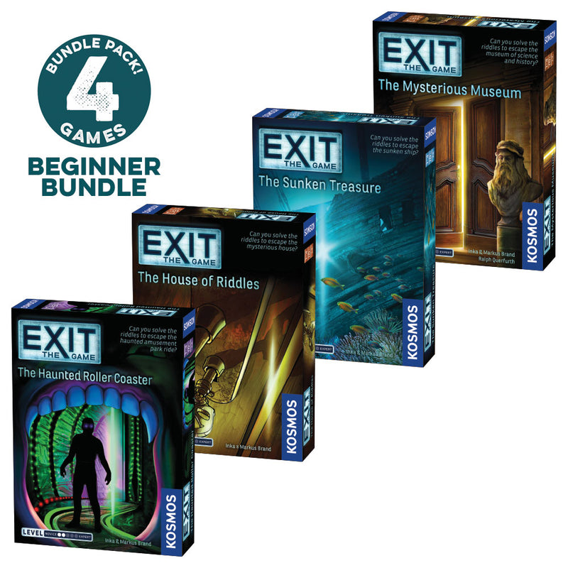 EXIT: The Game, Beginner Bundle. Four-Pack: The Haunted Roller Coaster, The Sunken Treasure, The Mysterious Museum, and The House of Riddles Games Thames & Kosmos   