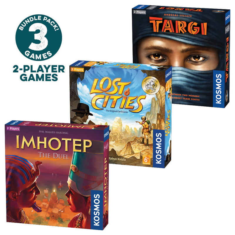 Essential 2-Player Board Game 3-Pack Bundle. Imhotep: The Duel, Targi, Lost Cities Card Game with 6th Expedition Games Thames & Kosmos   