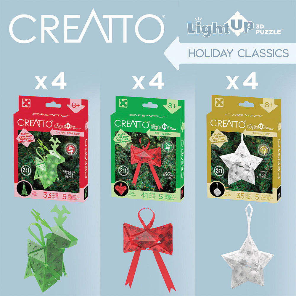 Creatto Holiday Classics 12-Pack Bundle - Dashing Reindeer, Shining Star, and Festive Bow in Display (12 units) Light-Up 3D Puzzles Thames & Kosmos   